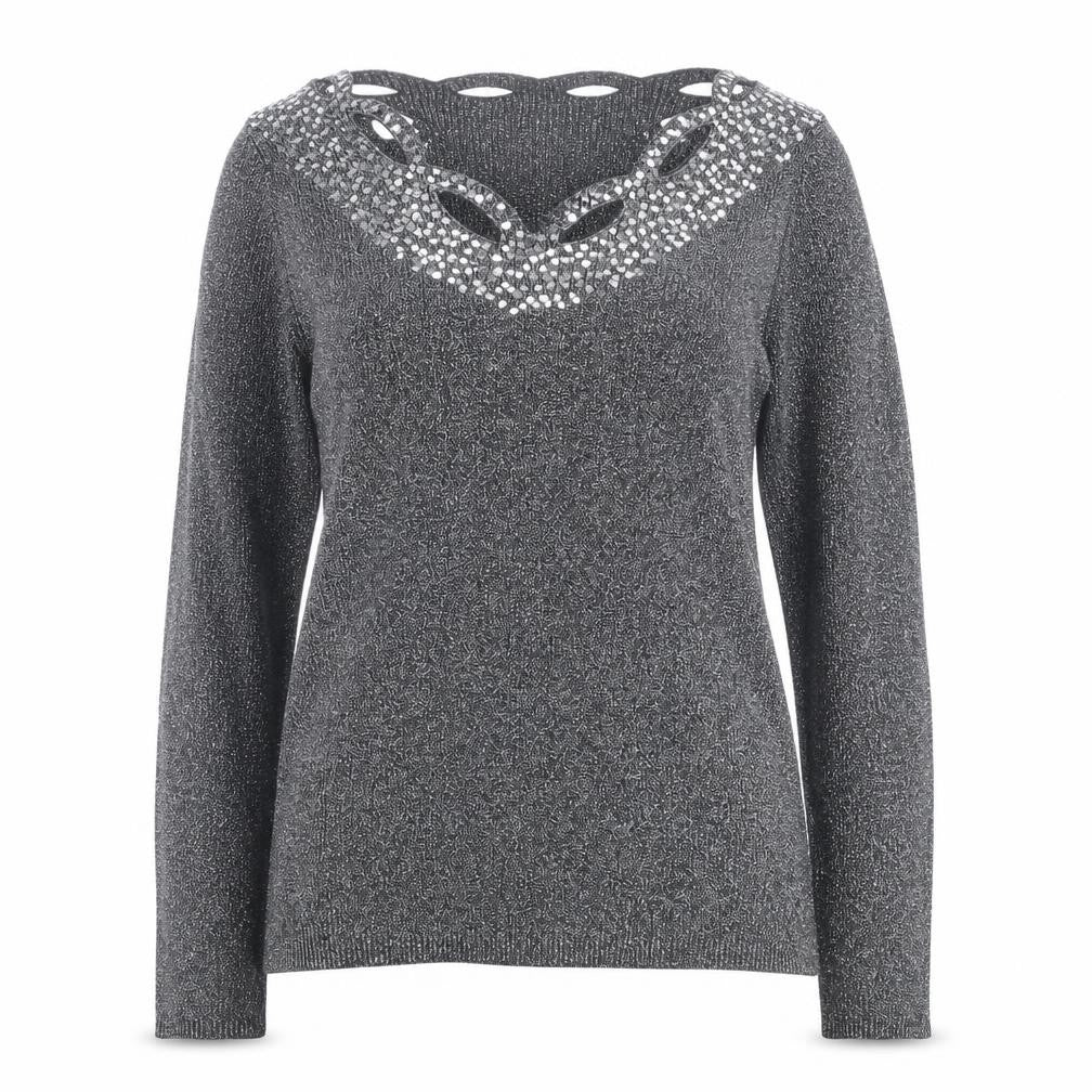 Once Again Women's Grey L Sequin V-Neck Long Sleeve Pullover Jumper