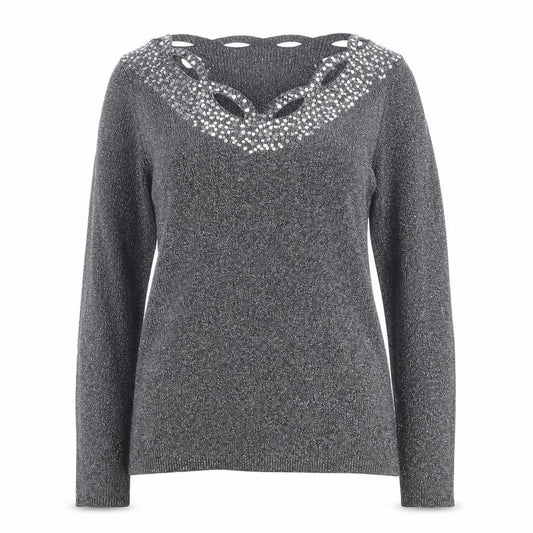 Once Again Women's Grey L Sequin V-Neck Long Sleeve Pullover Jumper