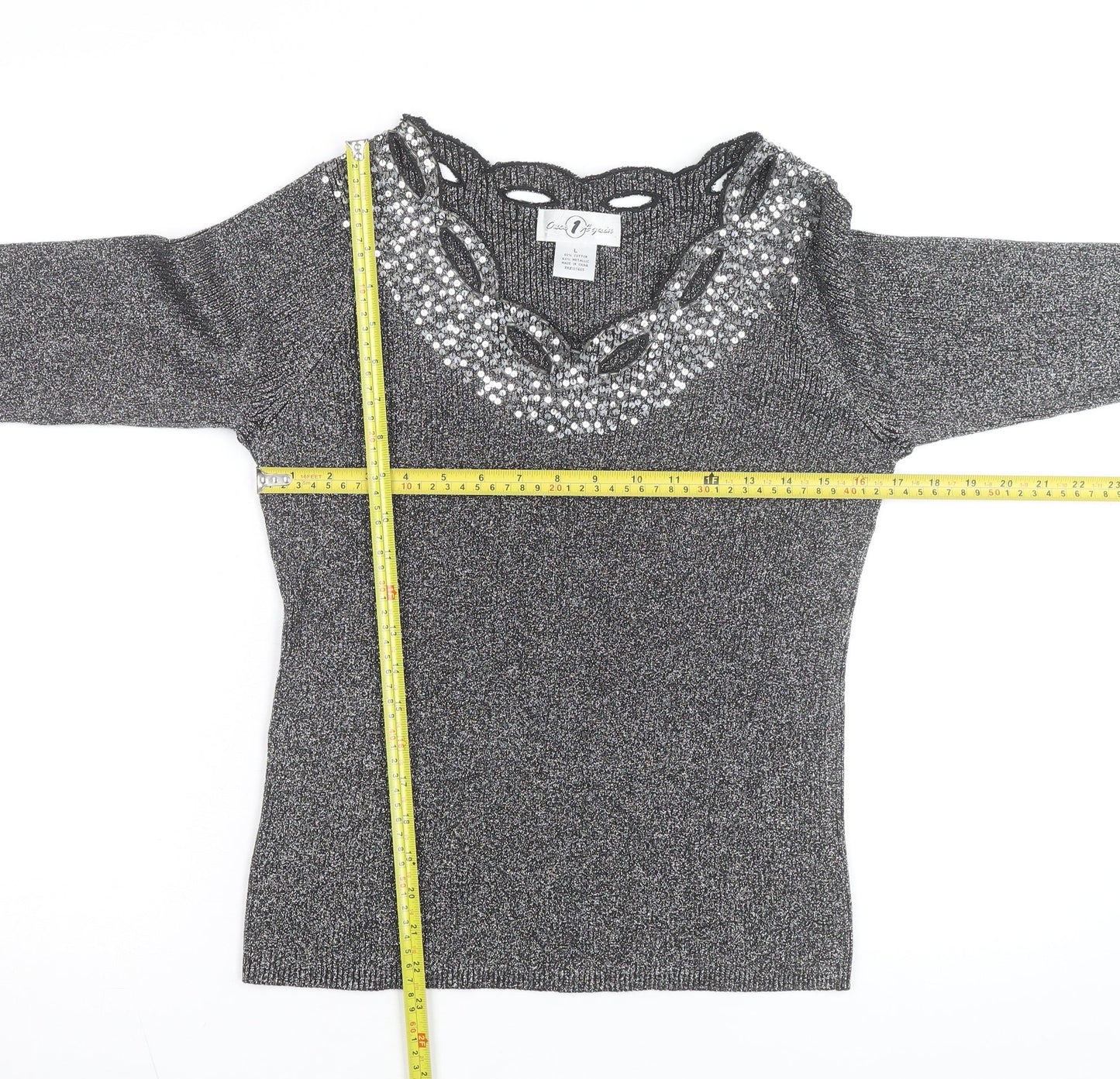 Once Again Women's Grey L Sequin V-Neck Long Sleeve Pullover Jumper