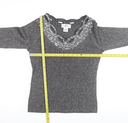 Once Again Women's Grey L Sequin V-Neck Long Sleeve Pullover Jumper