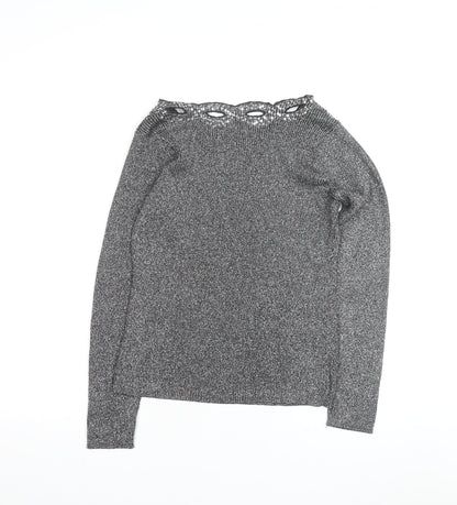 Once Again Women's Grey L Sequin V-Neck Long Sleeve Pullover Jumper
