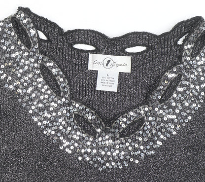 Once Again Women's Grey L Sequin V-Neck Long Sleeve Pullover Jumper