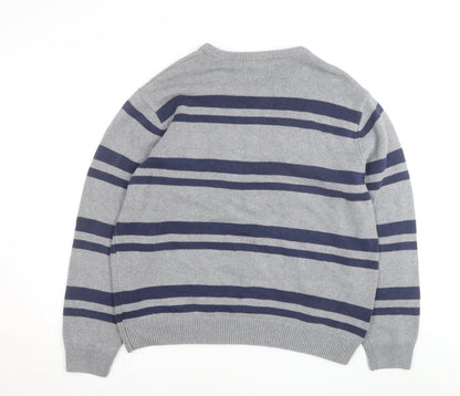 Chaps Men's Grey Striped Cotton Crew Neck Pullover Jumper XL