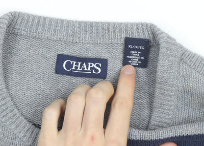 Chaps Men's Grey Striped Cotton Crew Neck Pullover Jumper XL
