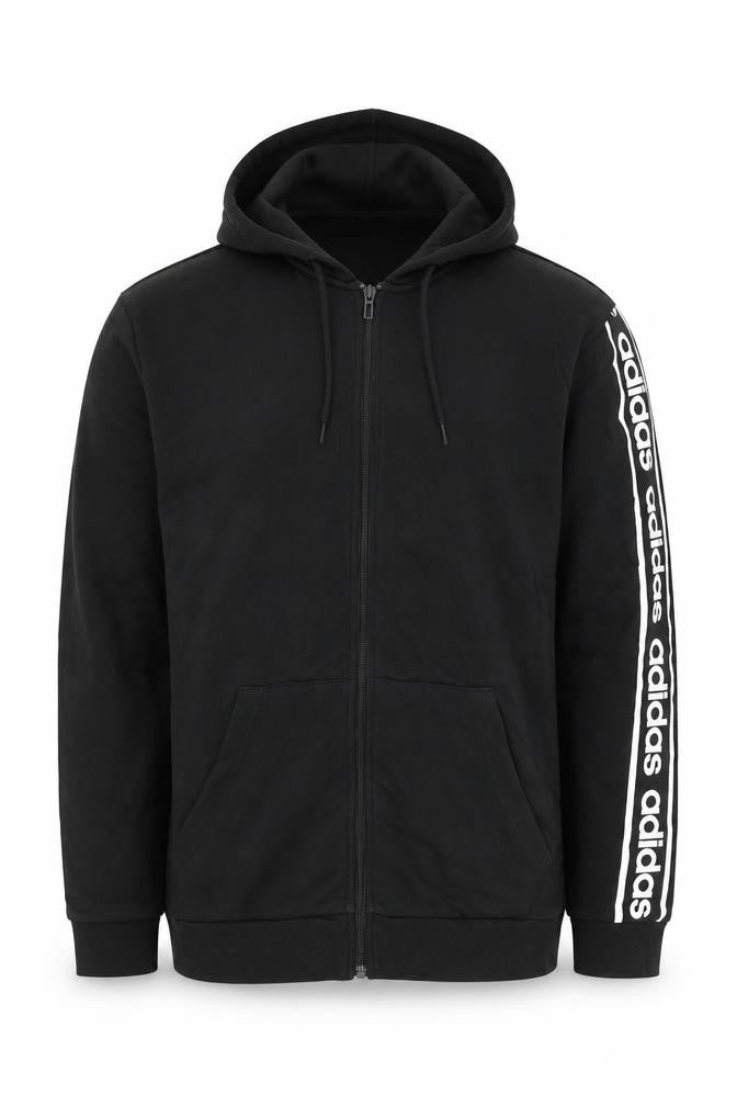 Front view of Adidas men’s black full zip hoodie, size M, logo sleeve sportswear