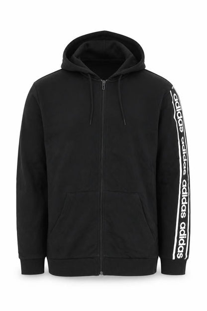 Front view of Adidas men’s black full zip hoodie, size M, logo sleeve sportswear