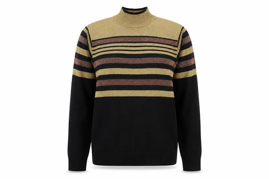 Alfred Dunner Women Black Gold Striped Mock Neck Knit Jumper S