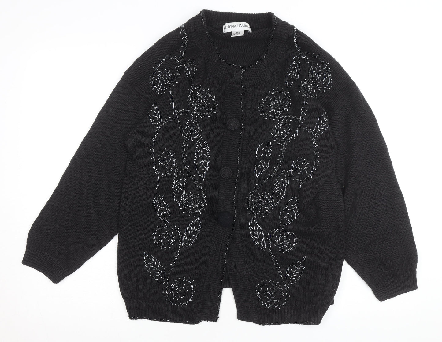 Victoria Harbour Women's Black Embroidered Cardigan M Cotton Ramie