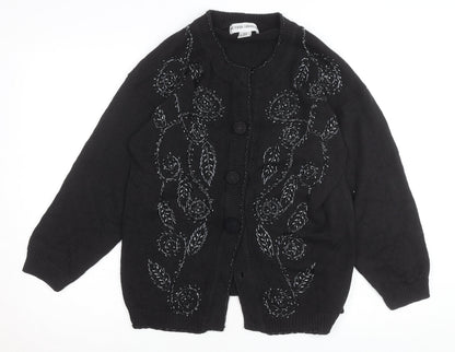 Victoria Harbour Women's Black Embroidered Cardigan M Cotton Ramie