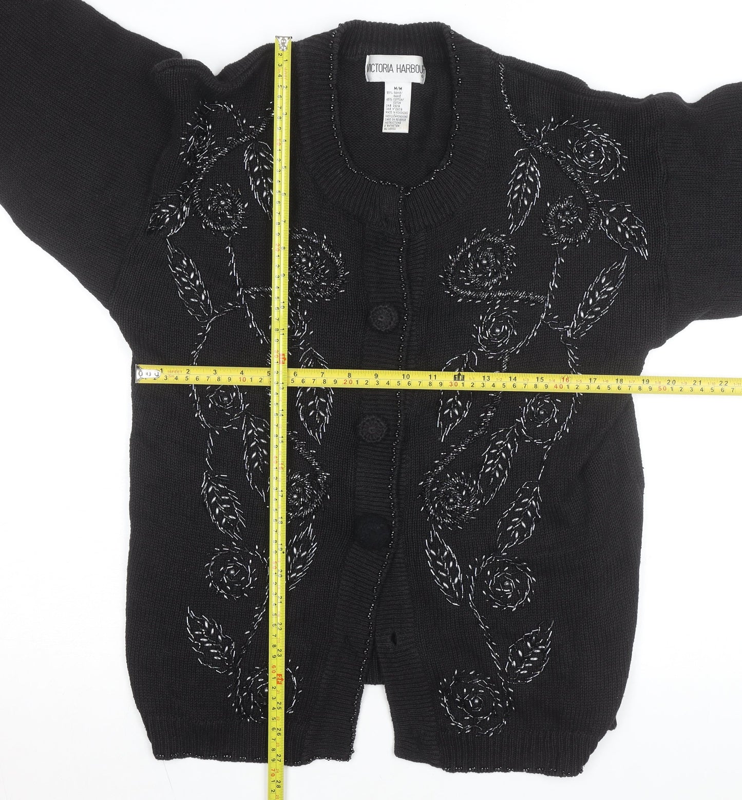 Victoria Harbour Women's Black Embroidered Cardigan M Cotton Ramie