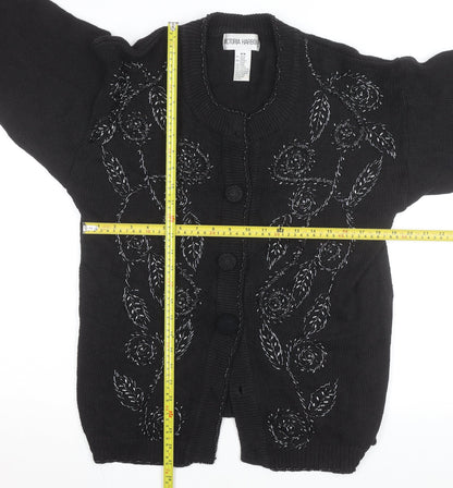 Victoria Harbour Women's Black Embroidered Cardigan M Cotton Ramie