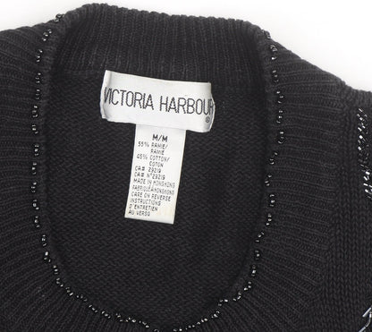Victoria Harbour Women's Black Embroidered Cardigan M Cotton Ramie