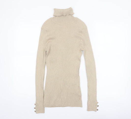 Tribekka 44 Women Beige Roll Neck Rib Knit Long Sleeve Jumper M