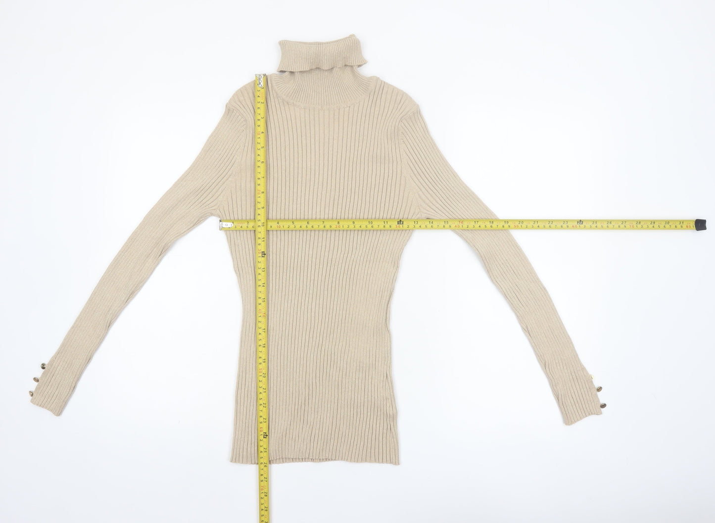 Tribekka 44 Women Beige Roll Neck Rib Knit Long Sleeve Jumper M