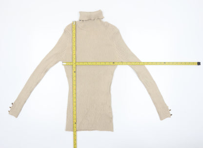 Tribekka 44 Women Beige Roll Neck Rib Knit Long Sleeve Jumper M