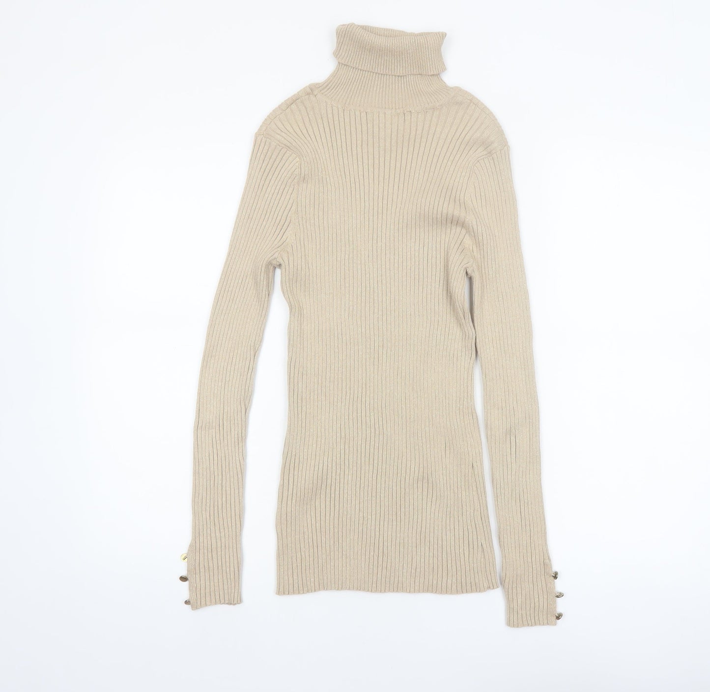 Tribekka 44 Women Beige Roll Neck Rib Knit Long Sleeve Jumper M