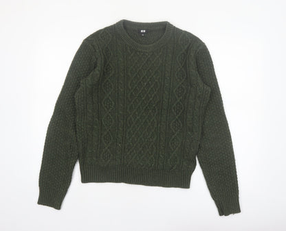 Uniqlo Womens Green Cable-Knit Wool Blend Jumper Size S Classic Style