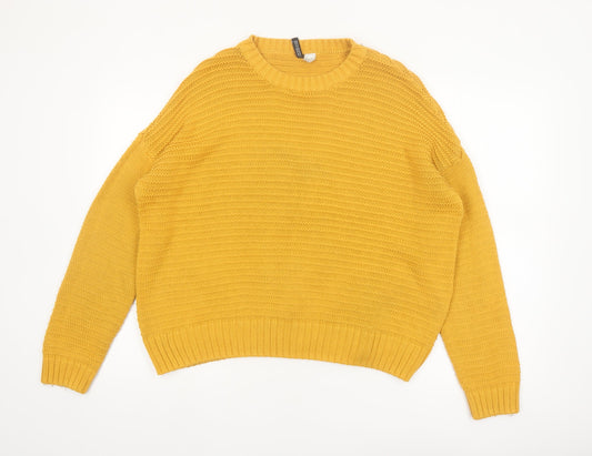 H&M Women Yellow Chunky Knit Crew Neck Pullover Jumper Size L