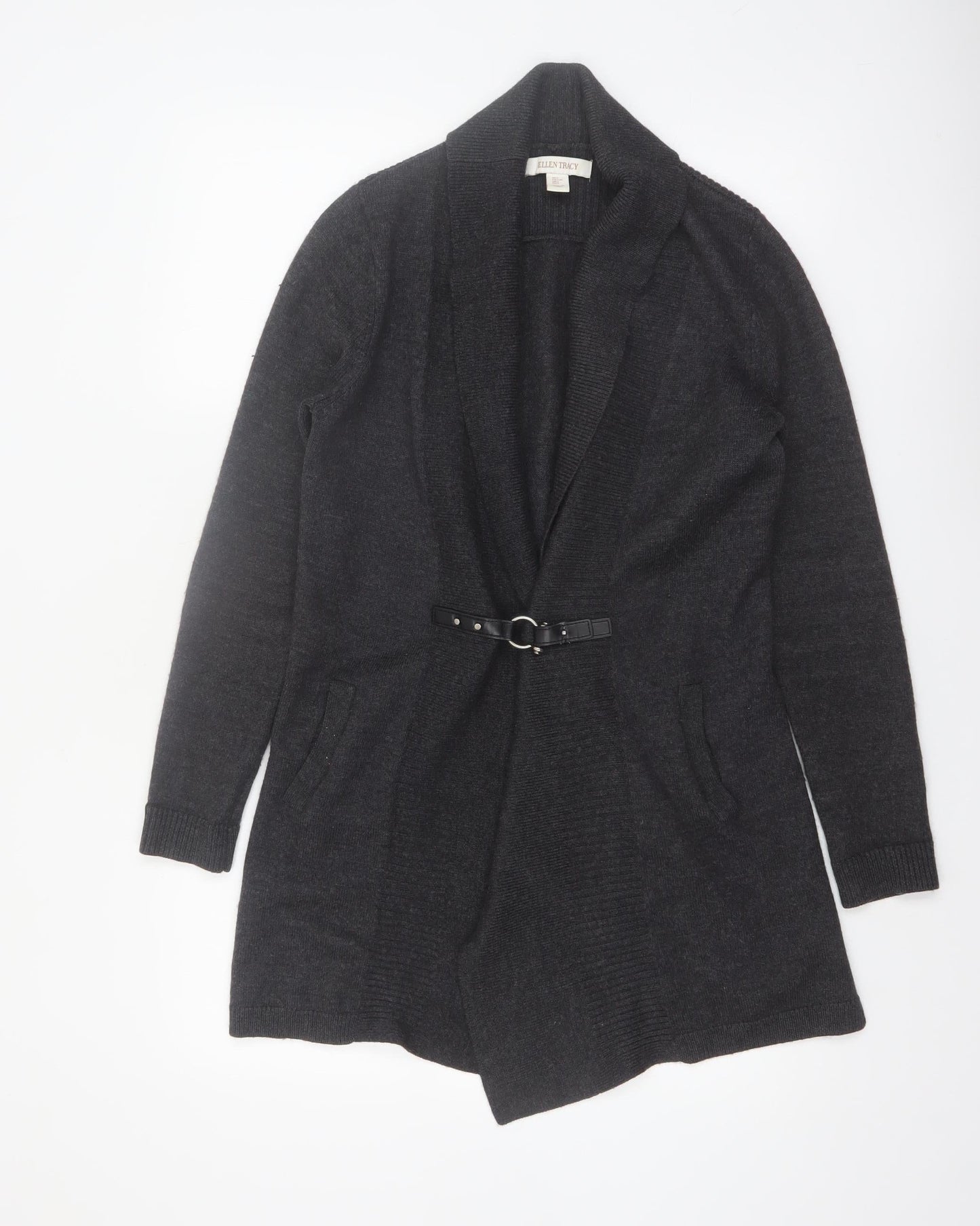 Ellen Tracy Women's Black L Belted Open Front Knit Cardigan