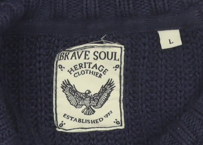 Brave Soul Men's Blue Chunky Knit Crew Neck Jumper Size L