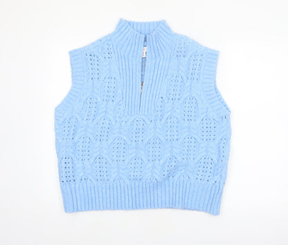 Lyn De Hiri Women Blue Cable-Knit Sleeveless 1/4 Zip Vest Jumper XL
