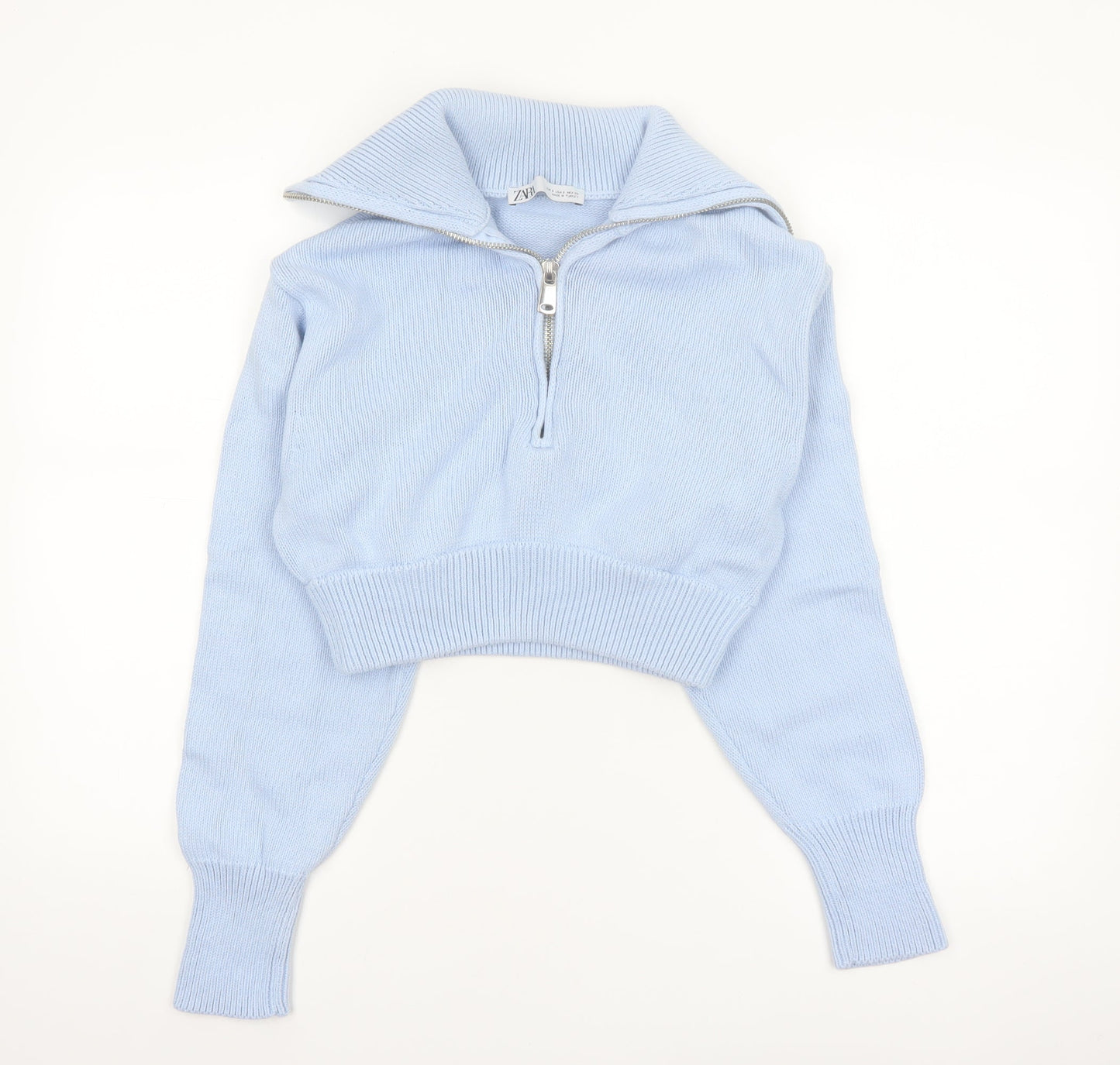 ZARA Women’s Blue Cotton Collared Half Zip Knit Jumper Size S