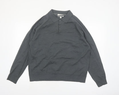 Marks and Spencer Men's Grey XL Collared Cotton Henley Jumper