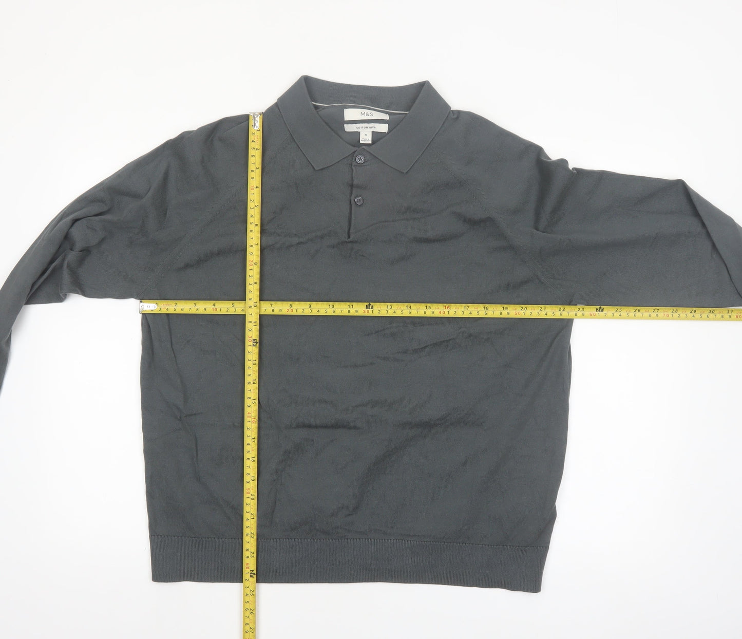 Marks and Spencer Men's Grey XL Collared Cotton Henley Jumper