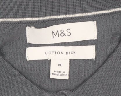 Marks and Spencer Men's Grey XL Collared Cotton Henley Jumper