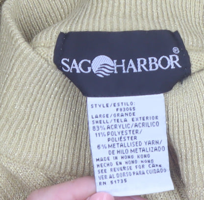 Sag Harbor Women Gold Mock Neck Short Sleeve Ribbed Knit Jumper Size L