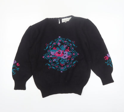 White Stag Womens Black Medium Floral Knit Pullover Jumper Wool Blend