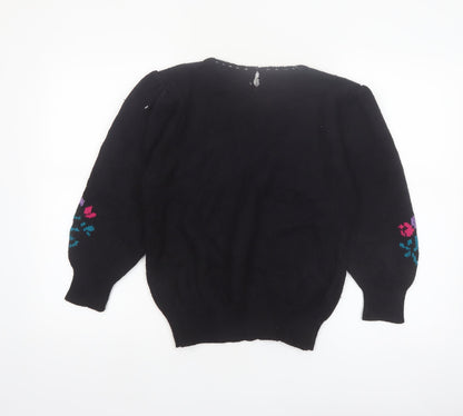 White Stag Womens Black Medium Floral Knit Pullover Jumper Wool Blend