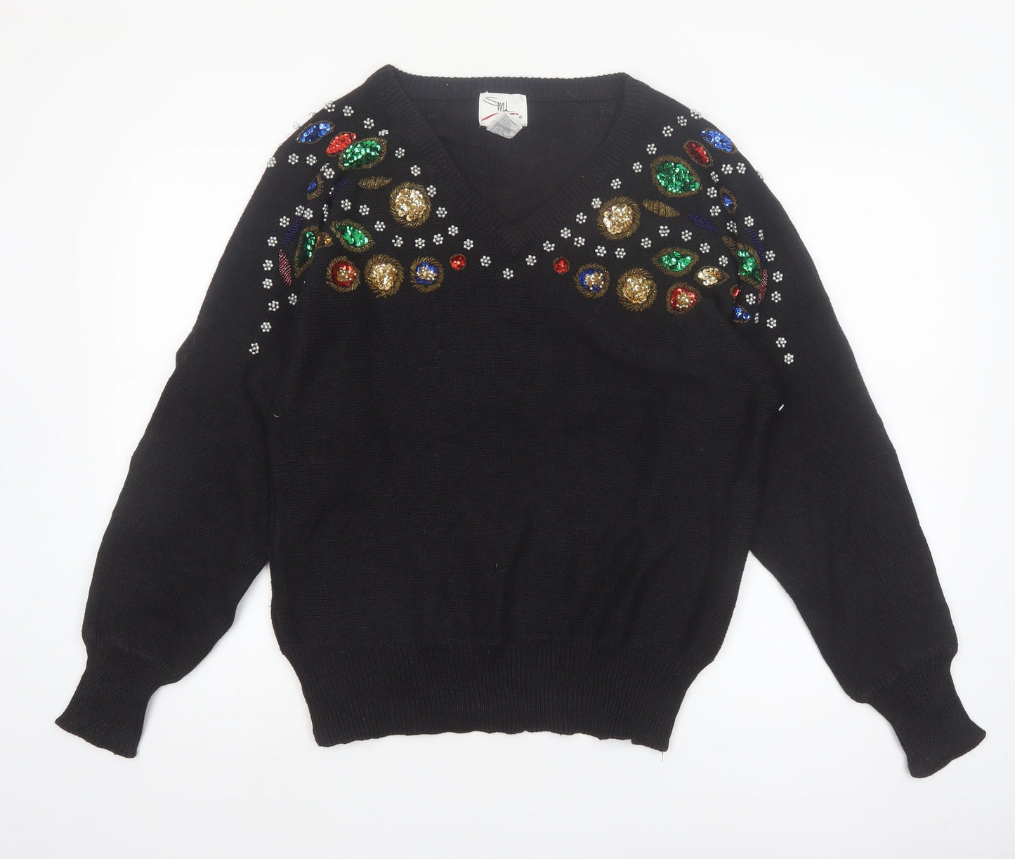 SML Sport Ltd Women’s Black Beaded V-Neck 90s Vintage Jumper M