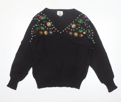 SML Sport Ltd Women’s Black Beaded V-Neck 90s Vintage Jumper M