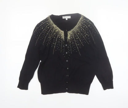 Red Herring Women's Black Beaded Crew Neck Cotton Cardigan Size 14
