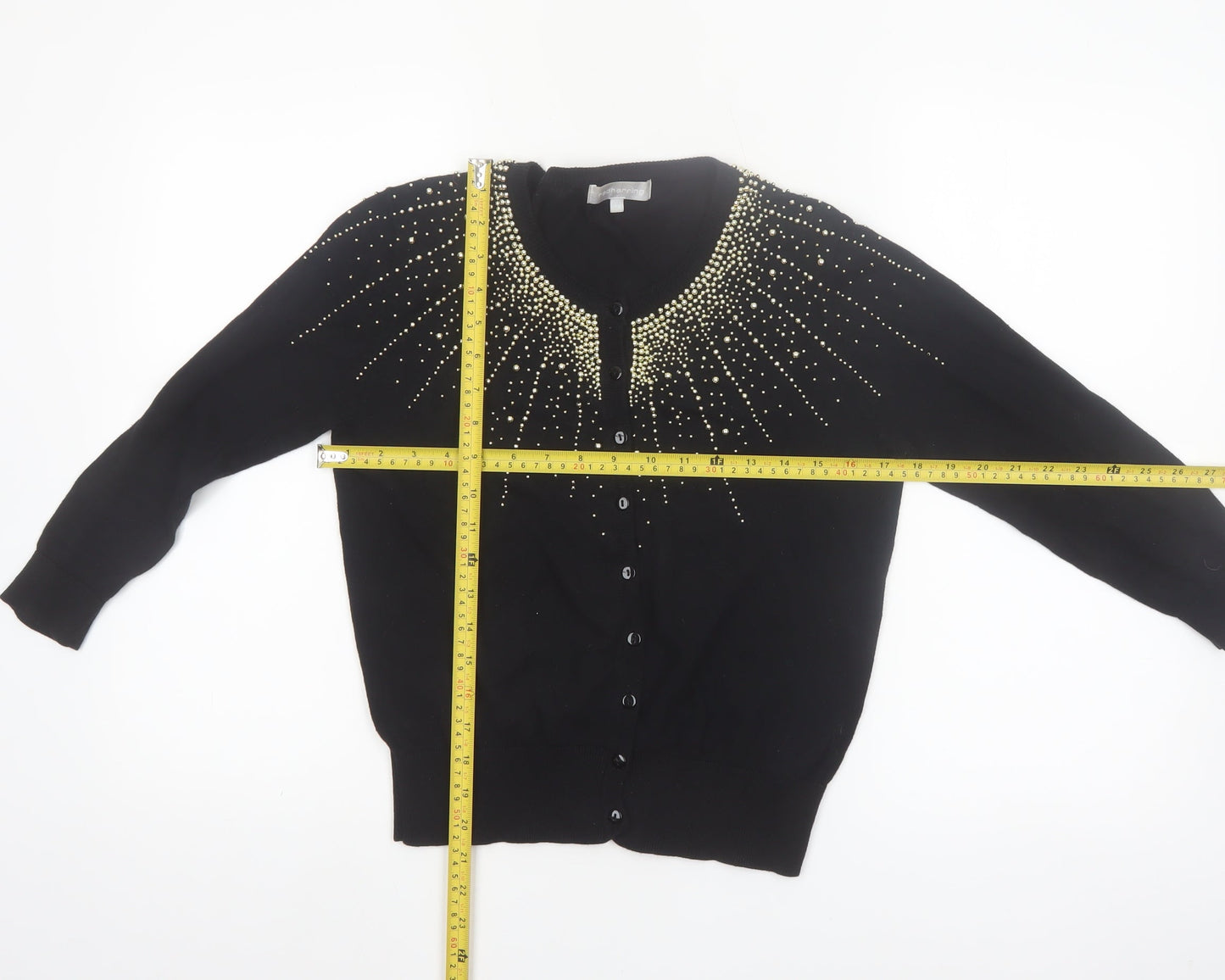 Red Herring Women's Black Beaded Crew Neck Cotton Cardigan Size 14