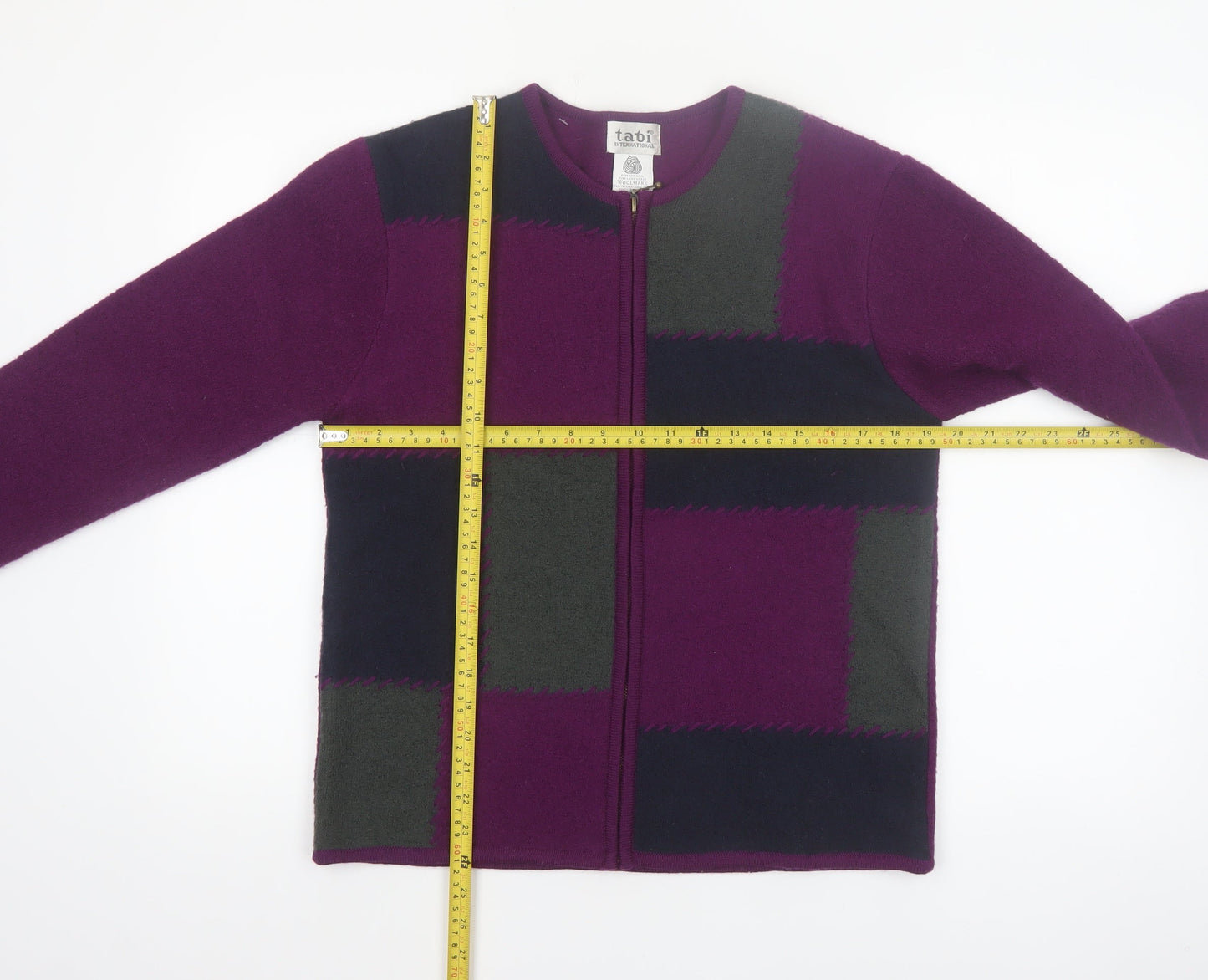 Tabi International Women Purple Wool Full Zip Geometric Jumper S