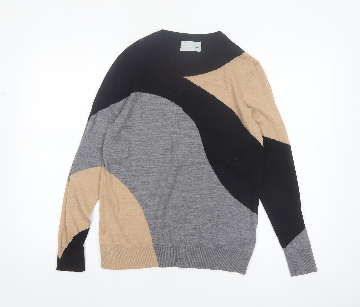 Marks and Spencer Womens Black Beige Grey Merino Wool Jumper Size 14