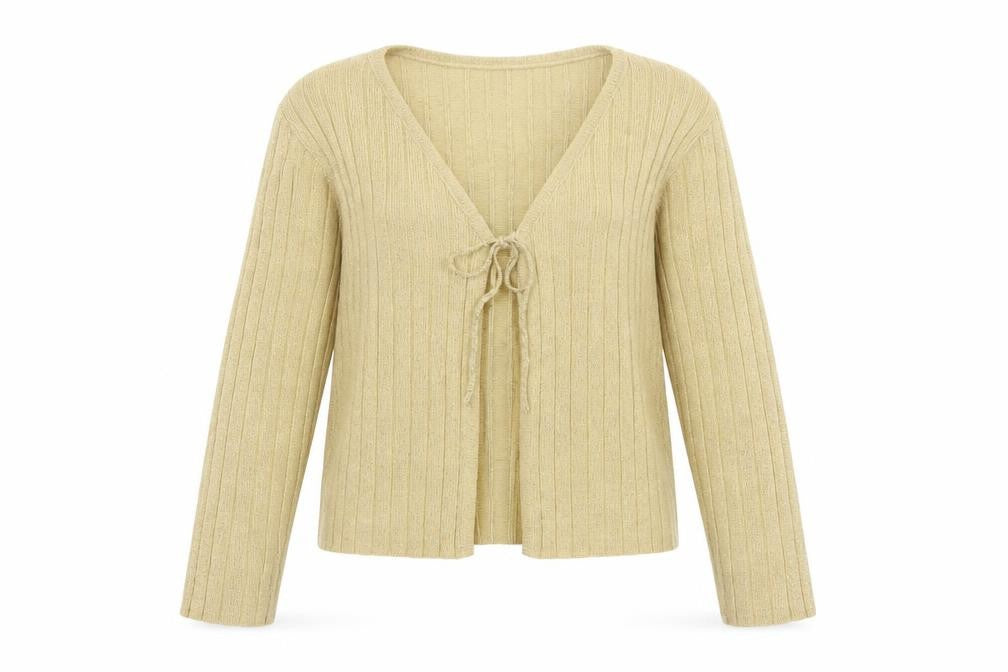 Front view of Fashion Bug Women Beige V-Neck Knit Long Sleeve Cardigan L