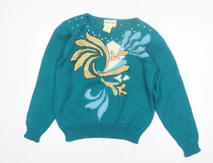 Franco Valeri Womens Green Beaded Floral Angora Blend Jumper S