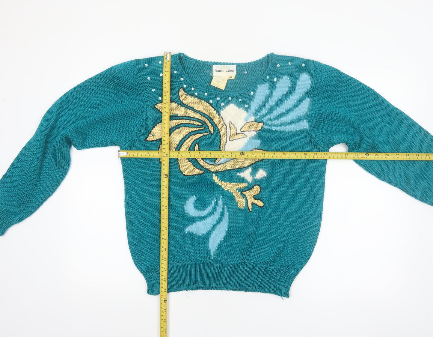 Franco Valeri Womens Green Beaded Floral Angora Blend Jumper S