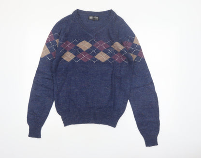 Lorien Scott Men's Blue Argyle V-Neck Mohair Blend Jumper M