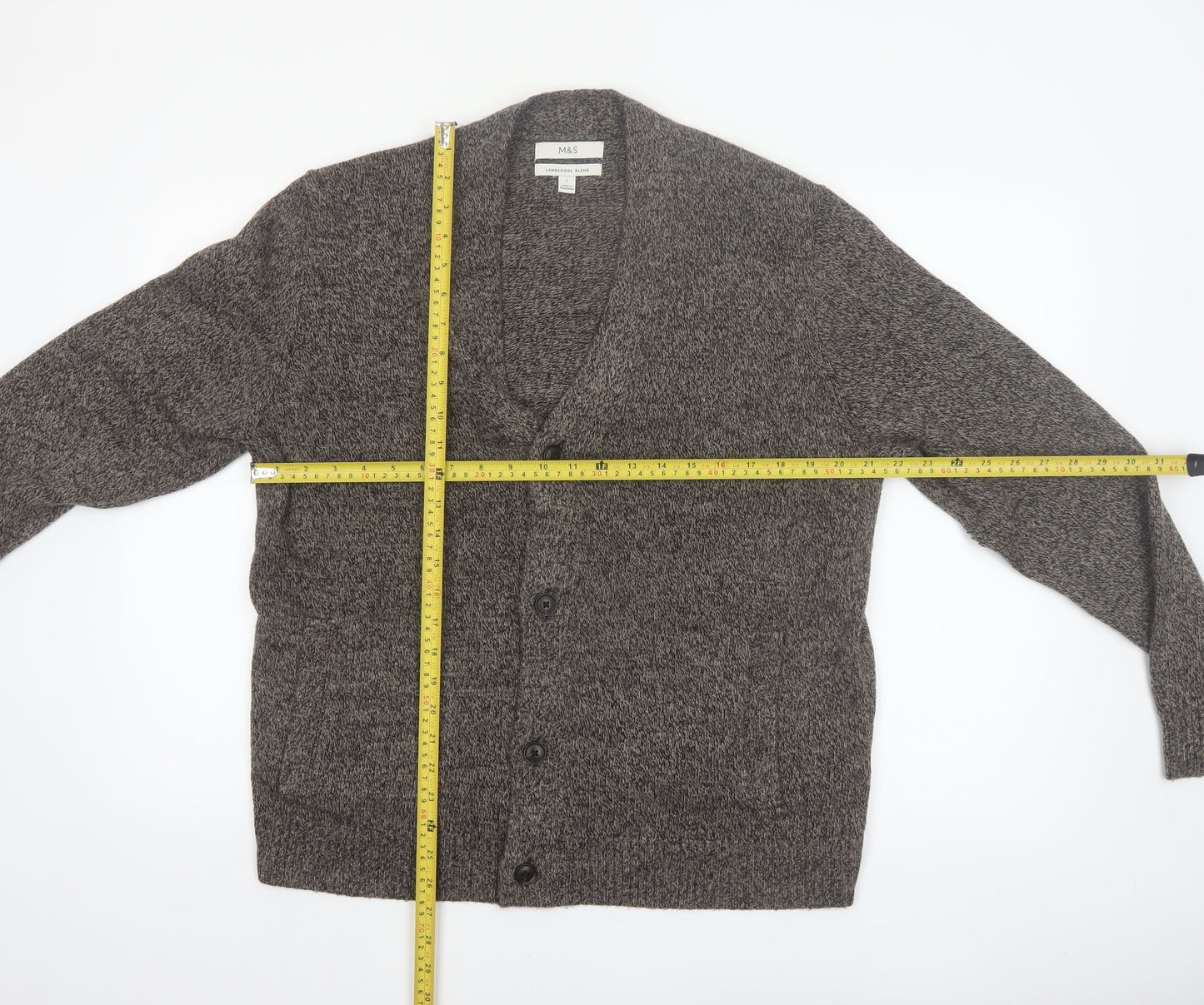Marks and Spencer Mens Grey Lambswool Cardigan L V-Neck Knit Jumper