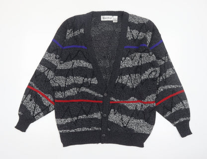 Michael Gerald Men's Grey Geometric Knit Cardigan L Retro Acrylic