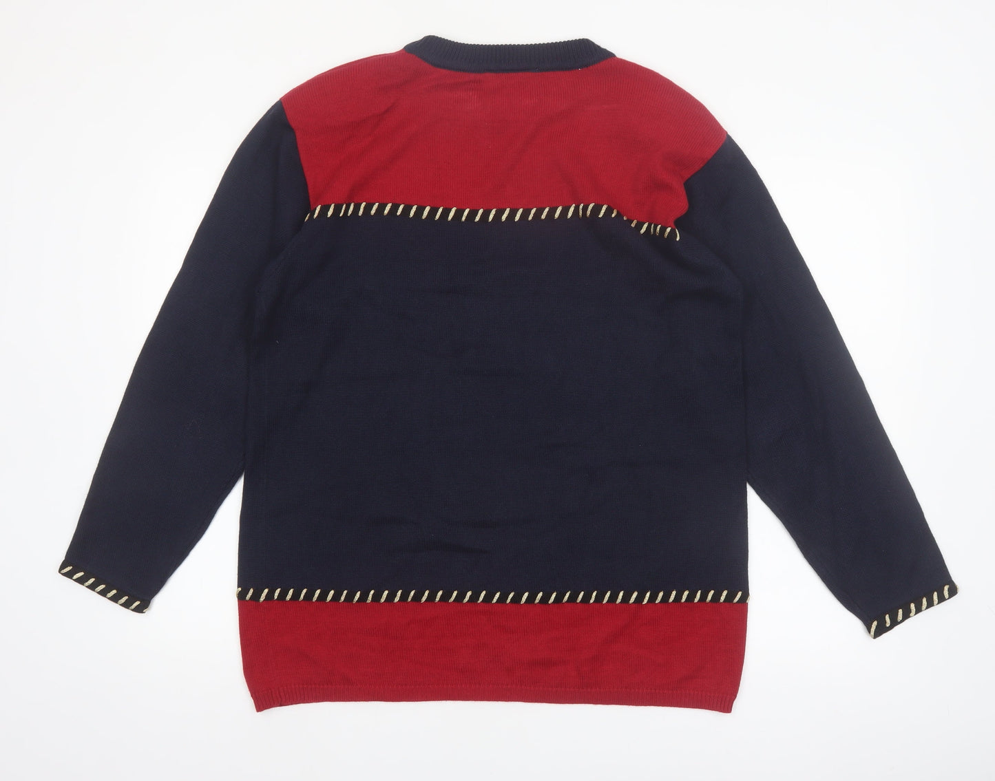 Anne Klein Women Navy Red Crew Neck Cotton Jumper L Classic Knit