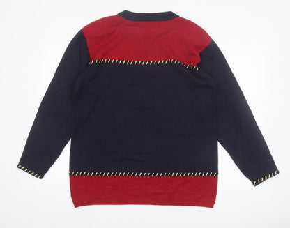 Anne Klein Women Navy Red Crew Neck Cotton Jumper L Classic Knit