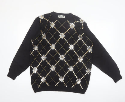 Alfred Dunner Womens Black Petite L Sequin Argyle Knit Jumper