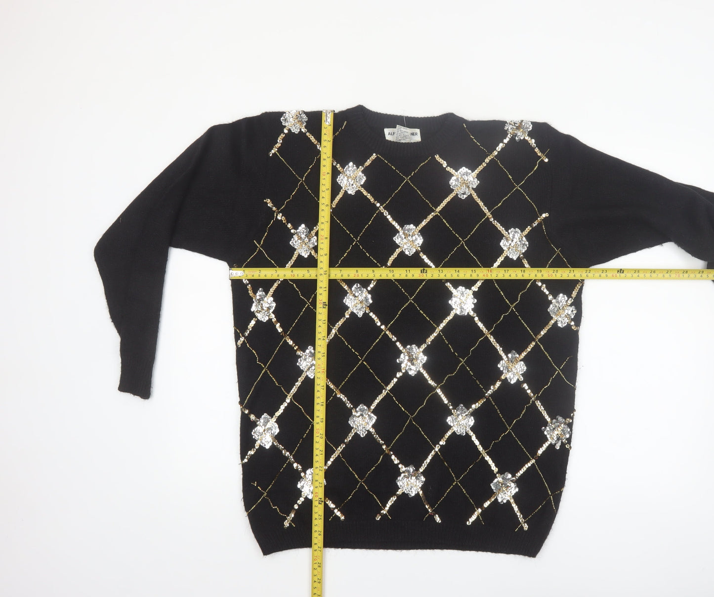 Alfred Dunner Womens Black Petite L Sequin Argyle Knit Jumper