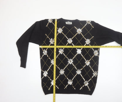 Alfred Dunner Womens Black Petite L Sequin Argyle Knit Jumper
