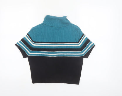 Carroll Reed Womens Blue Roll Neck Striped Short Sleeve Pullover Jumper L